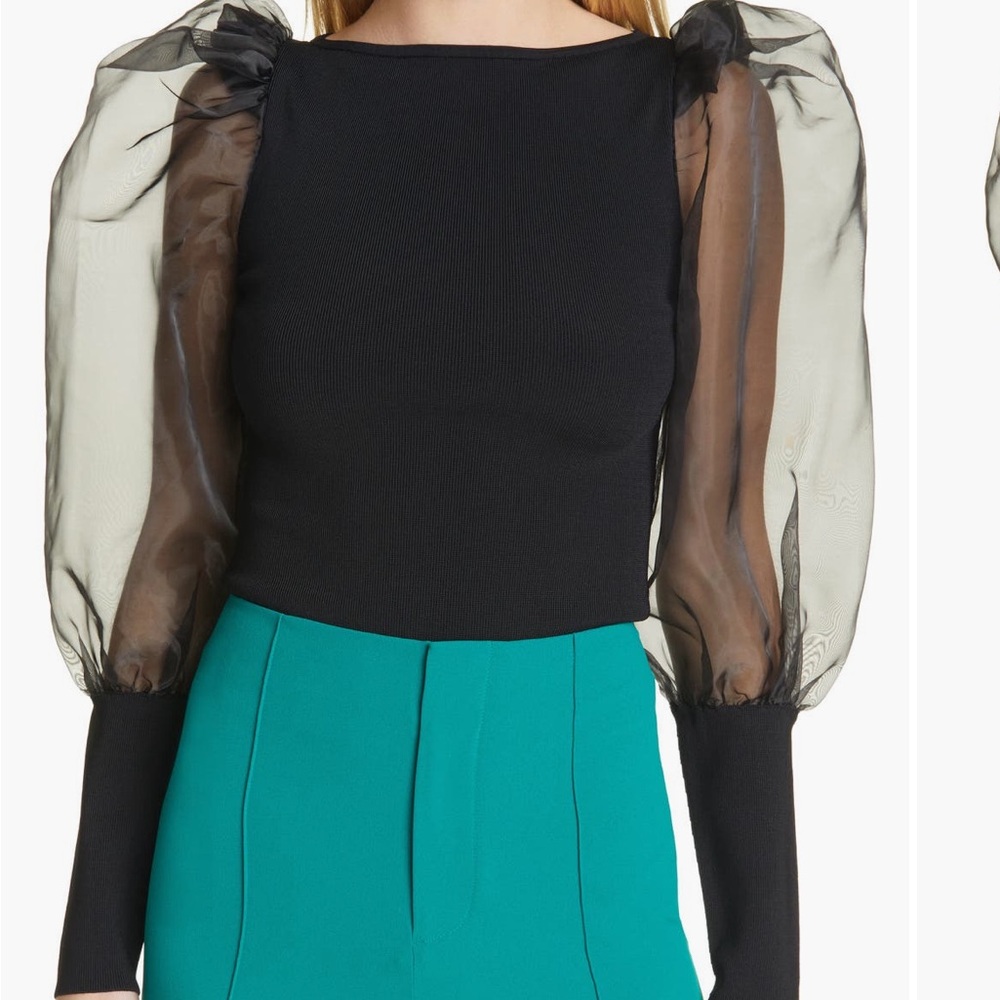 Alice + Olivia Black Sheer Puff-Sleeve Knit Top